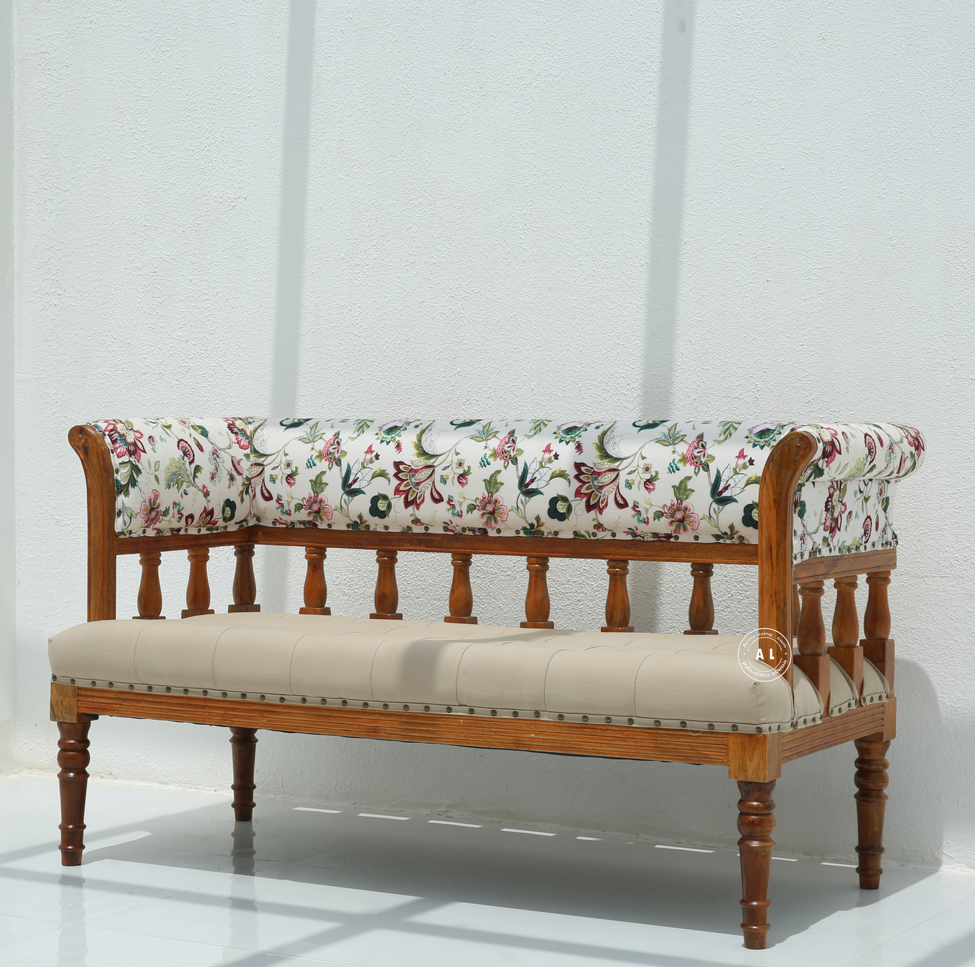 Nexus Bench with Back Rest in Honey Finish Mango Wood – Cotton Upholstery