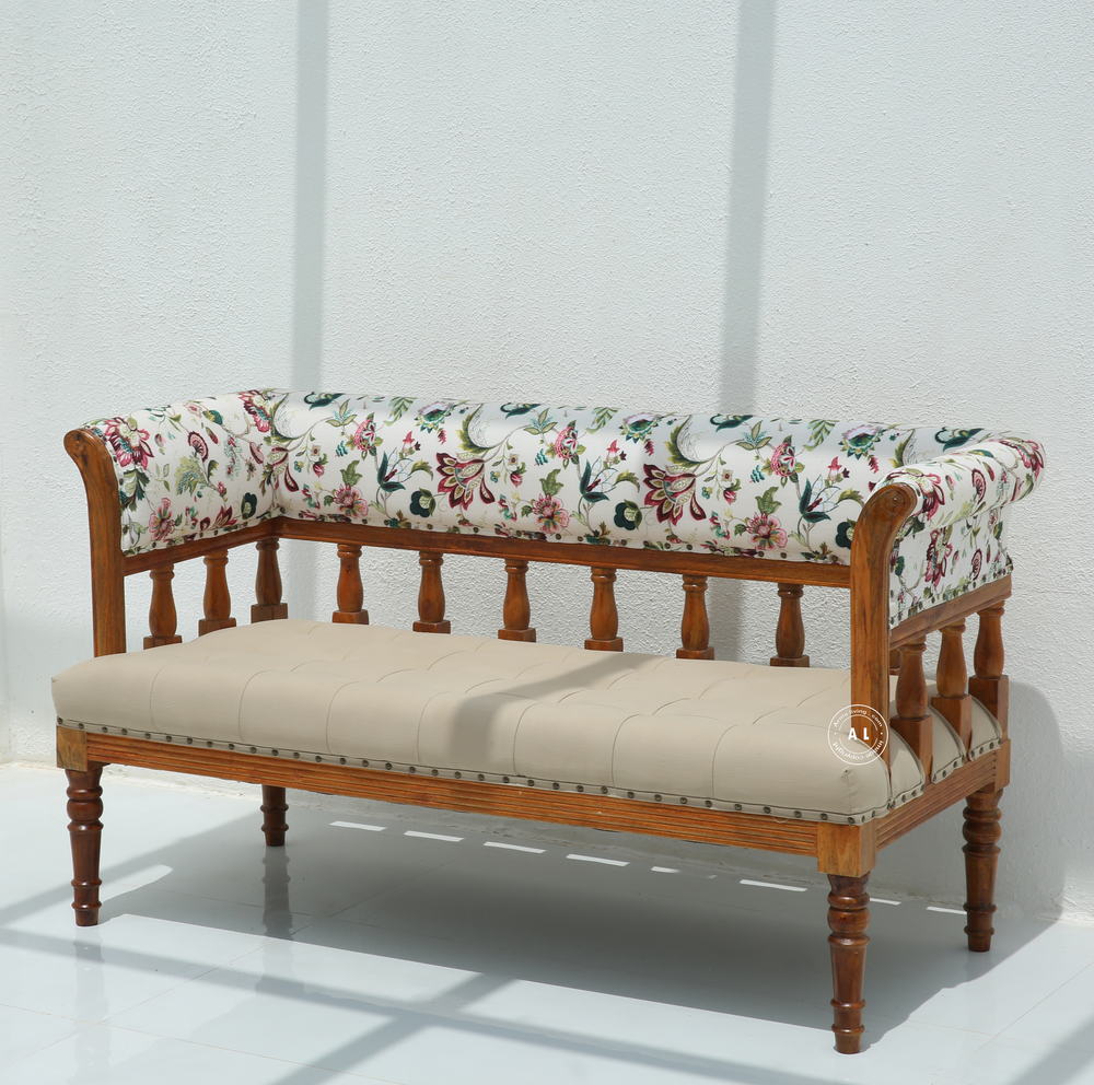 Nexus Bench with Back Rest in Honey Finish Mango Wood – Cotton Upholstery Arina Living