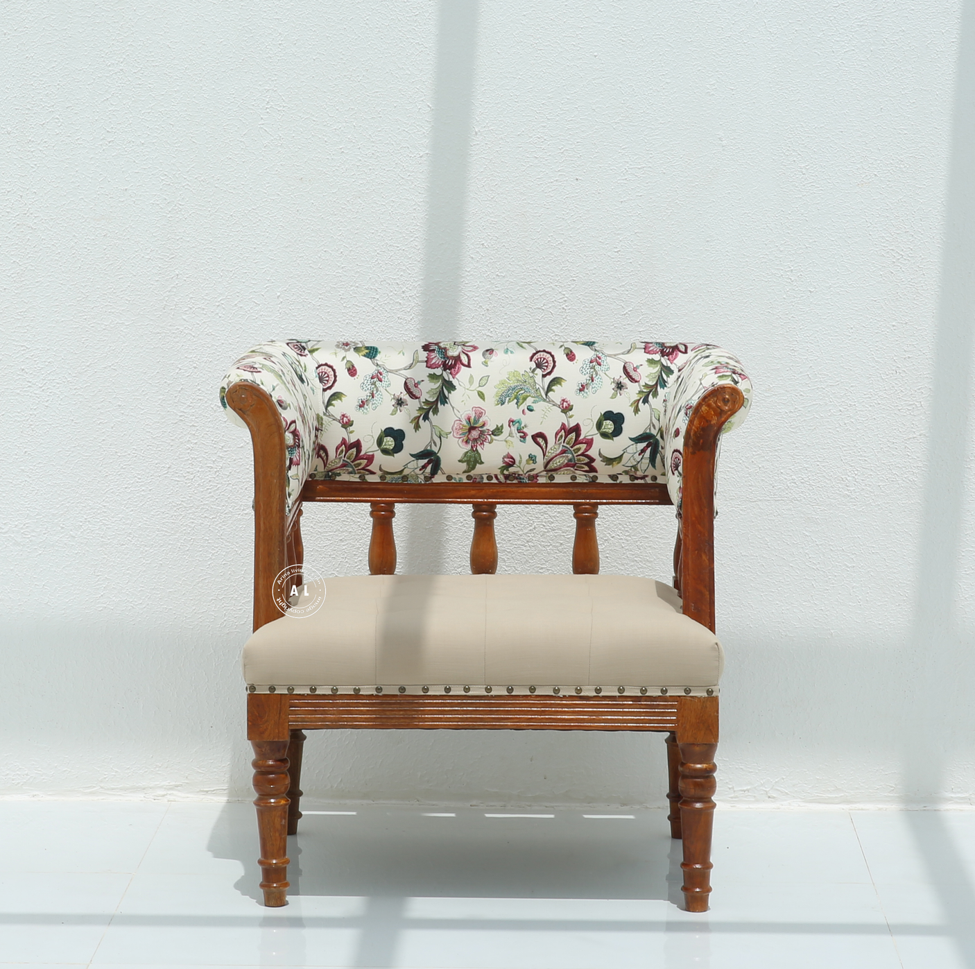 Nexus Mango Wood Arm Chair with Back Rest – Cotton Upholstered Accent Chair