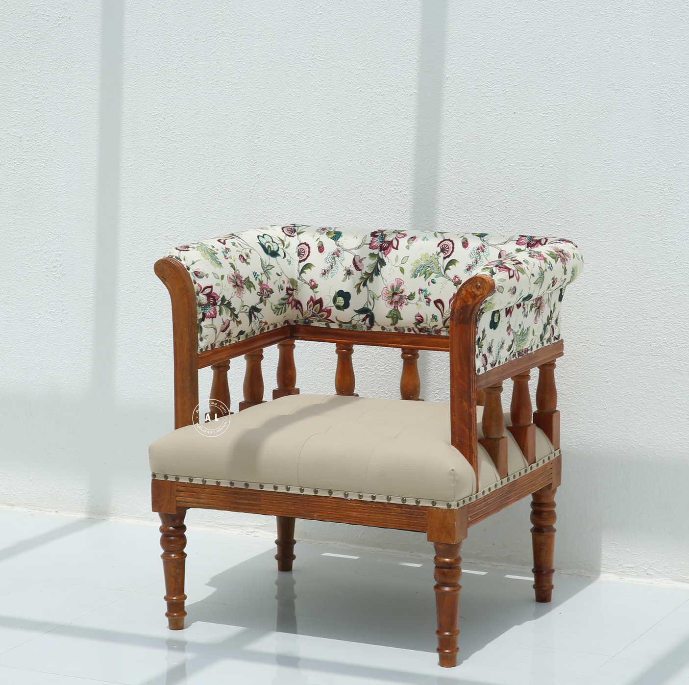 Nexus Mango Wood Arm Chair with Back Rest – Cotton Upholstered Accent Chair