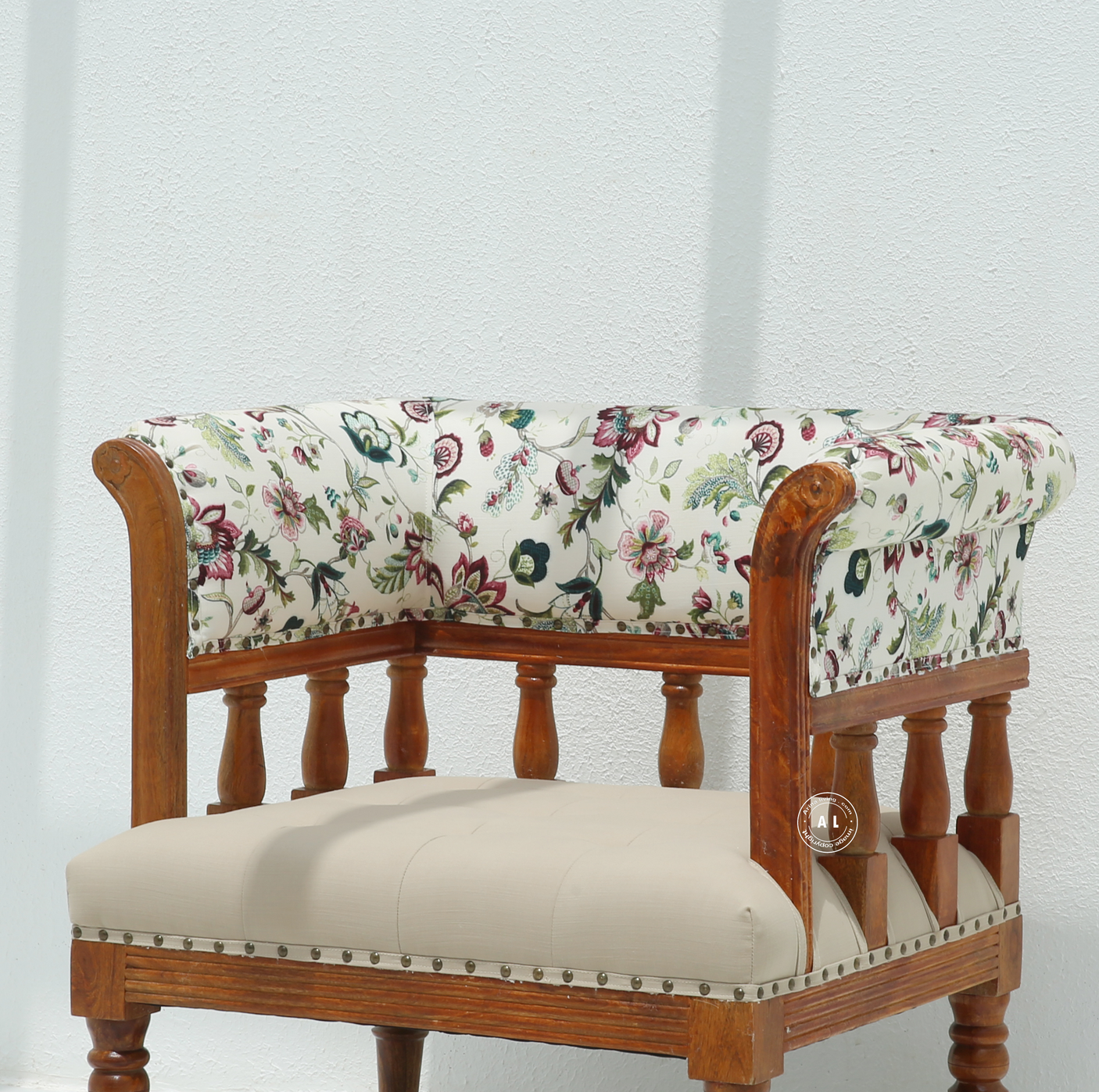 Nexus Mango Wood Arm Chair with Back Rest – Cotton Upholstered Accent Chair