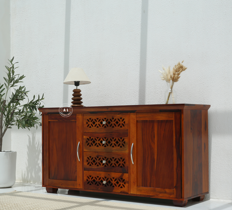 Vector Sheesham Wood Cabinet with 2 Doors & 4 Drawers - Honey Finish Arina Living