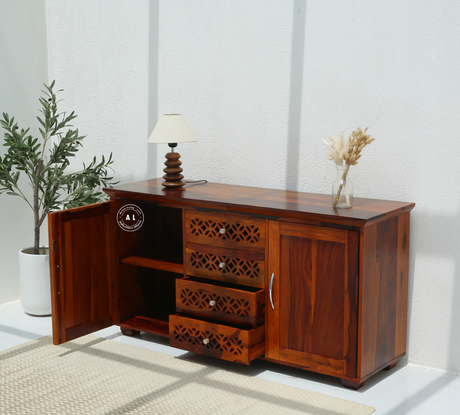Vector Sheesham Wood Cabinet with 2 Doors & 4 Drawers - Honey Finish Arina Living