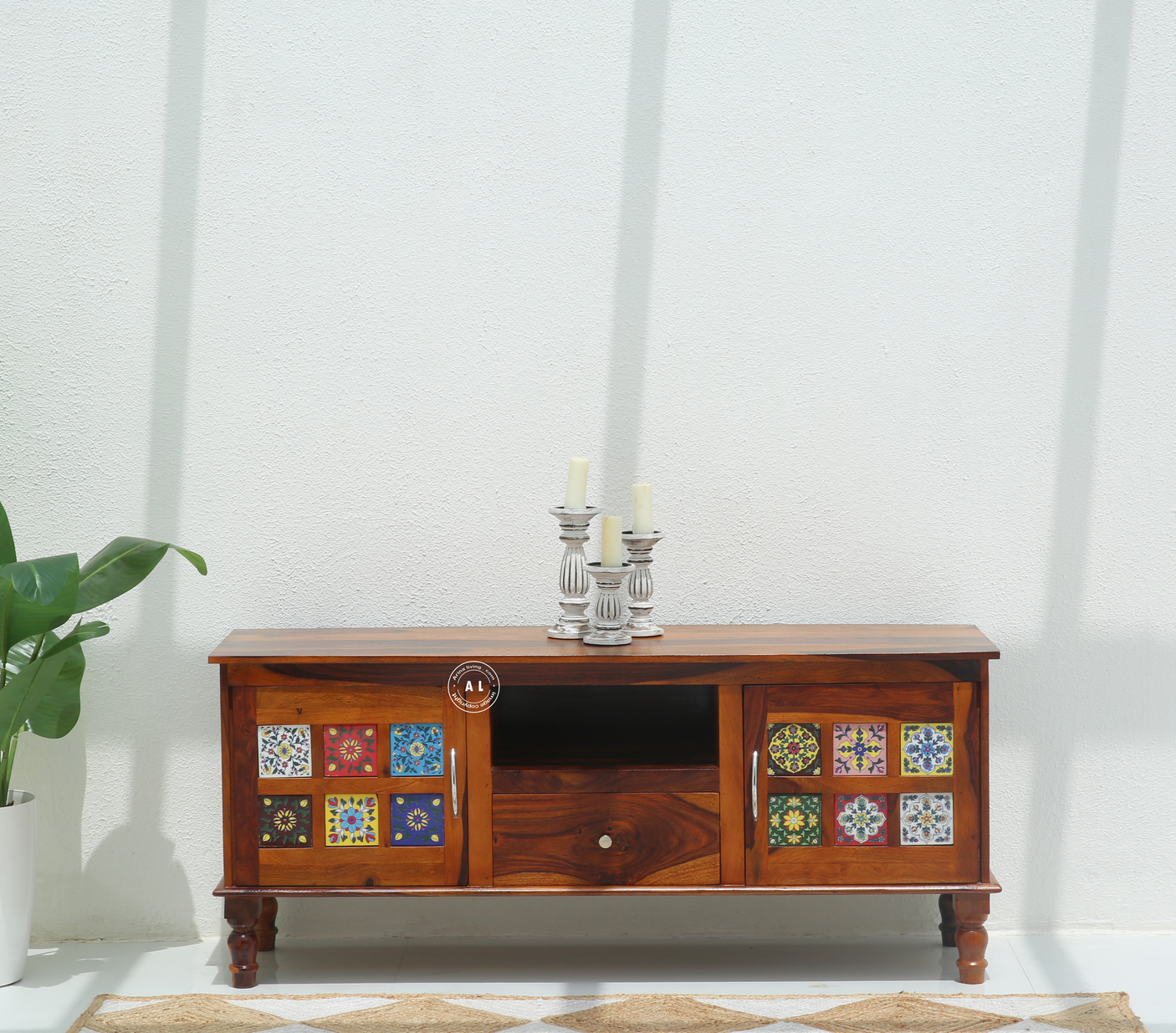 Brio Sheesham Wood TV Unit with Storage & Handcrafted Tile Design – Honey Finish