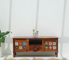 Brio Sheesham Wood TV Unit with Storage & Handcrafted Tile Design – Honey Finish Arina Living