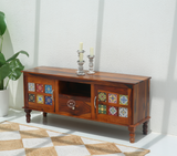 Brio Sheesham Wood TV Unit with Storage & Handcrafted Tile Design – Honey Finish