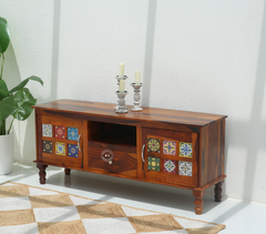 Brio Sheesham Wood TV Unit with Storage & Handcrafted Tile Design – Honey Finish Arina Living
