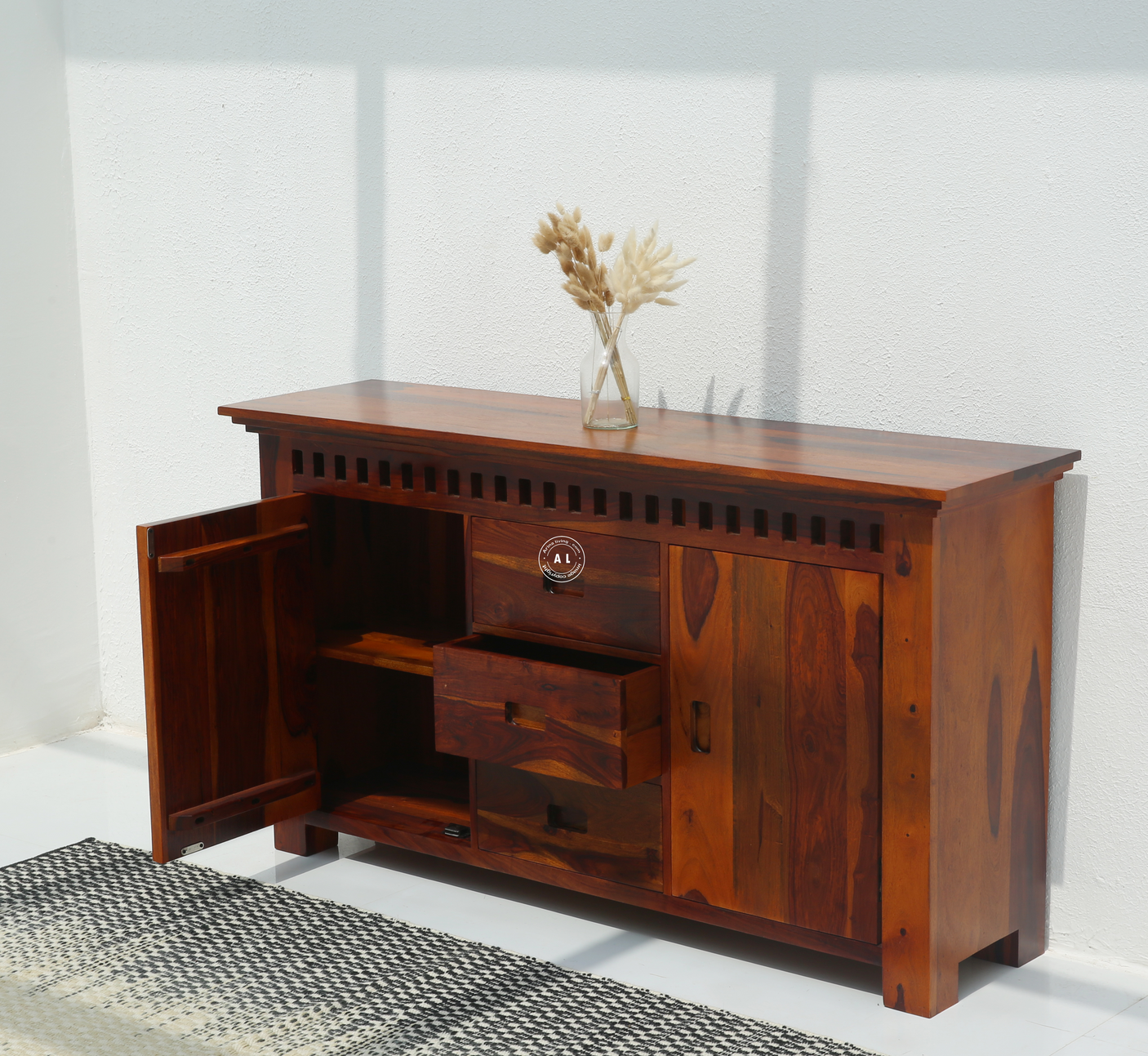 Glint Sheesham Wood Sideboard & Storage Cabinet with Drawers – Honey Finish