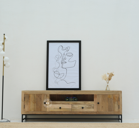 Mettawa Wooden Slat Door TV Unit – Solid Mango Wood , metal leg Arina Living