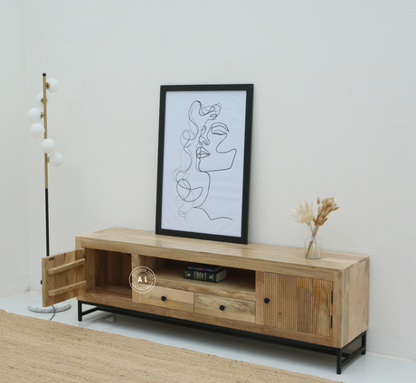 Mettawa Wooden Slat Door TV Unit – Solid Mango Wood , metal leg Arina Living