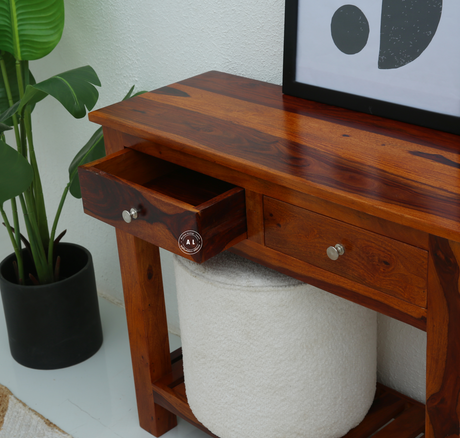 Anchor Wooden Console Table in Honey Finish | Sheesham Wood Entryway Table with Drawers Arina Living