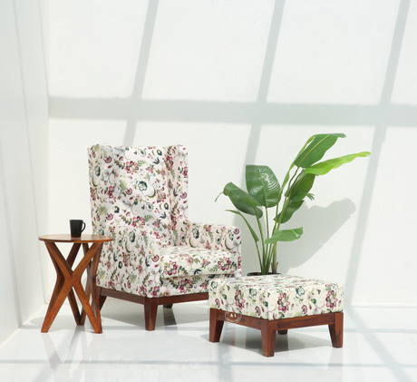 Raptor Sheesham Wood Lounge Chair with Stool & Floral Upholstery – Honey Finish Arina Living