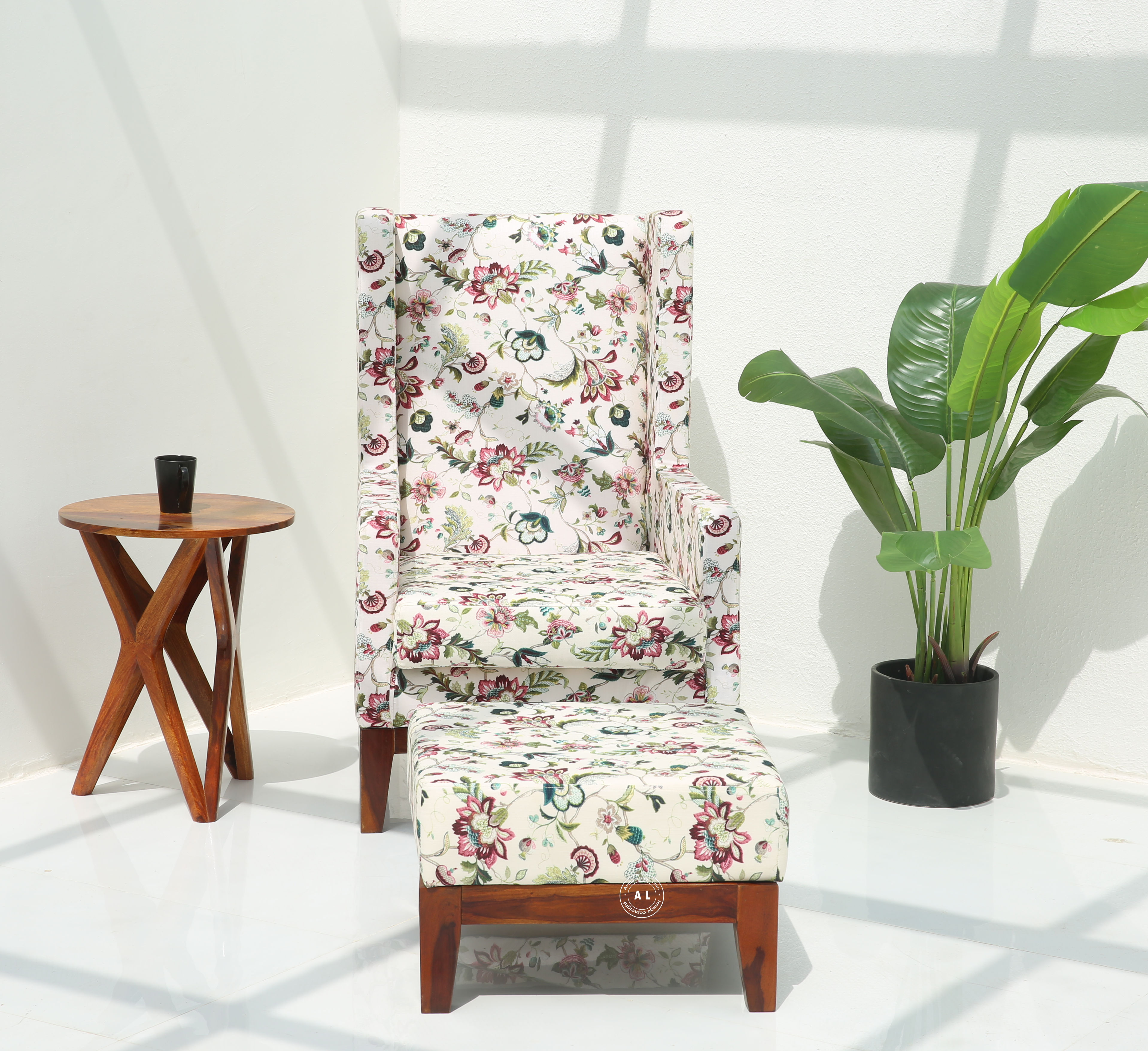 Raptor Sheesham Wood Lounge Chair with Stool & Floral Upholstery – Honey Finish Arina Living