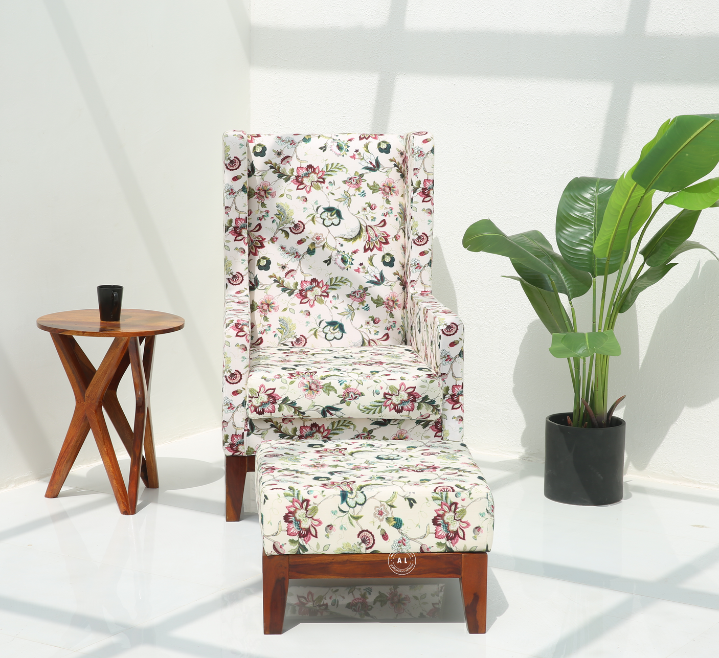 Raptor Sheesham Wood Lounge Chair with Stool & Floral Upholstery – Honey Finish