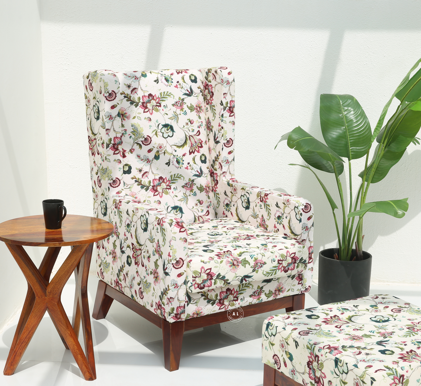 Raptor Sheesham Wood Lounge Chair with Stool & Floral Upholstery – Honey Finish