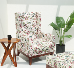 Raptor Sheesham Wood Lounge Chair with Stool & Floral Upholstery – Honey Finish Arina Living