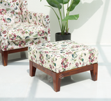 Raptor Sheesham Wood Lounge Chair with Stool & Floral Upholstery – Honey Finish