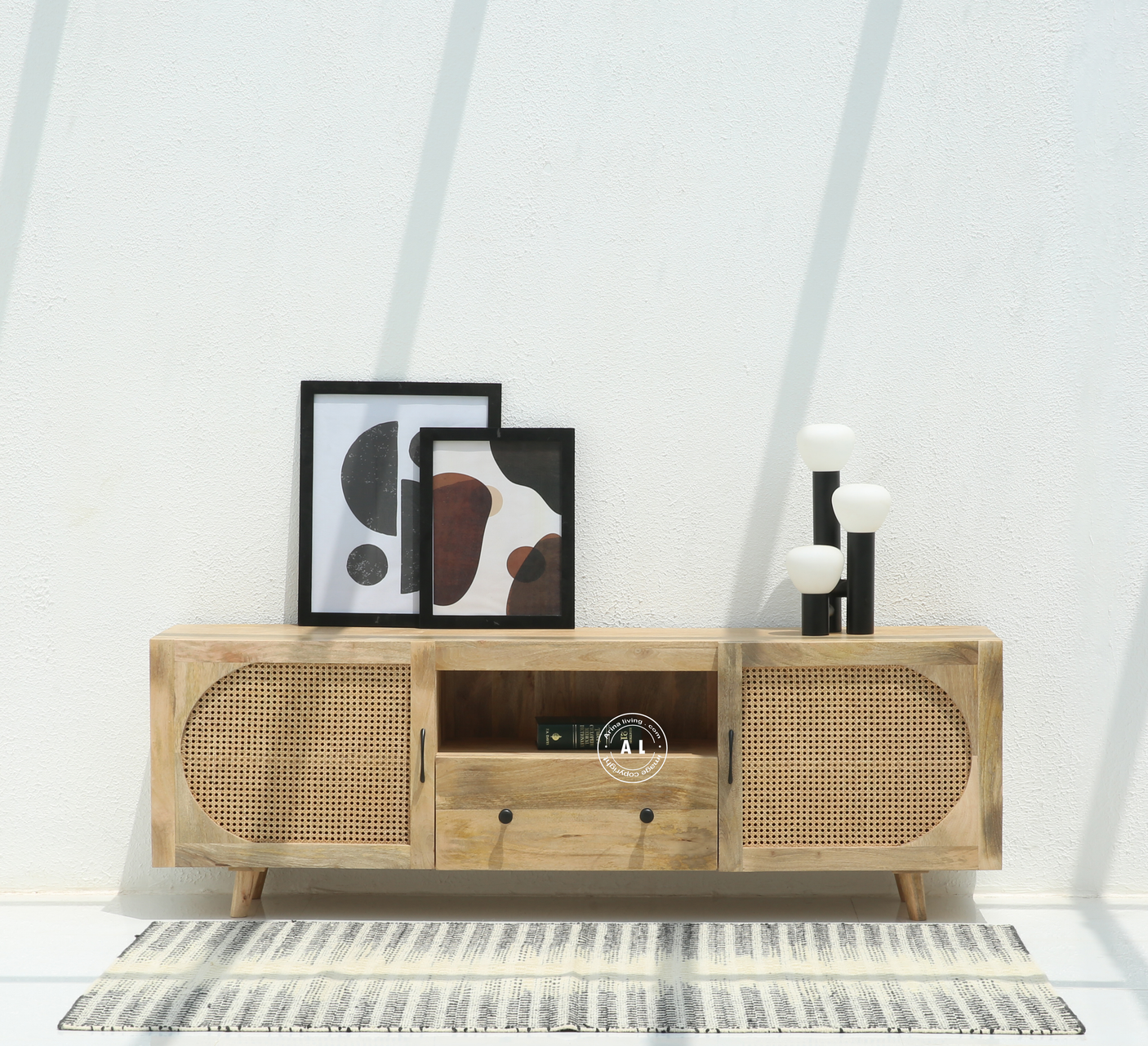 Odom Premium Solid Wood TV Unit With Cane Door Cabinets & Open Shelves