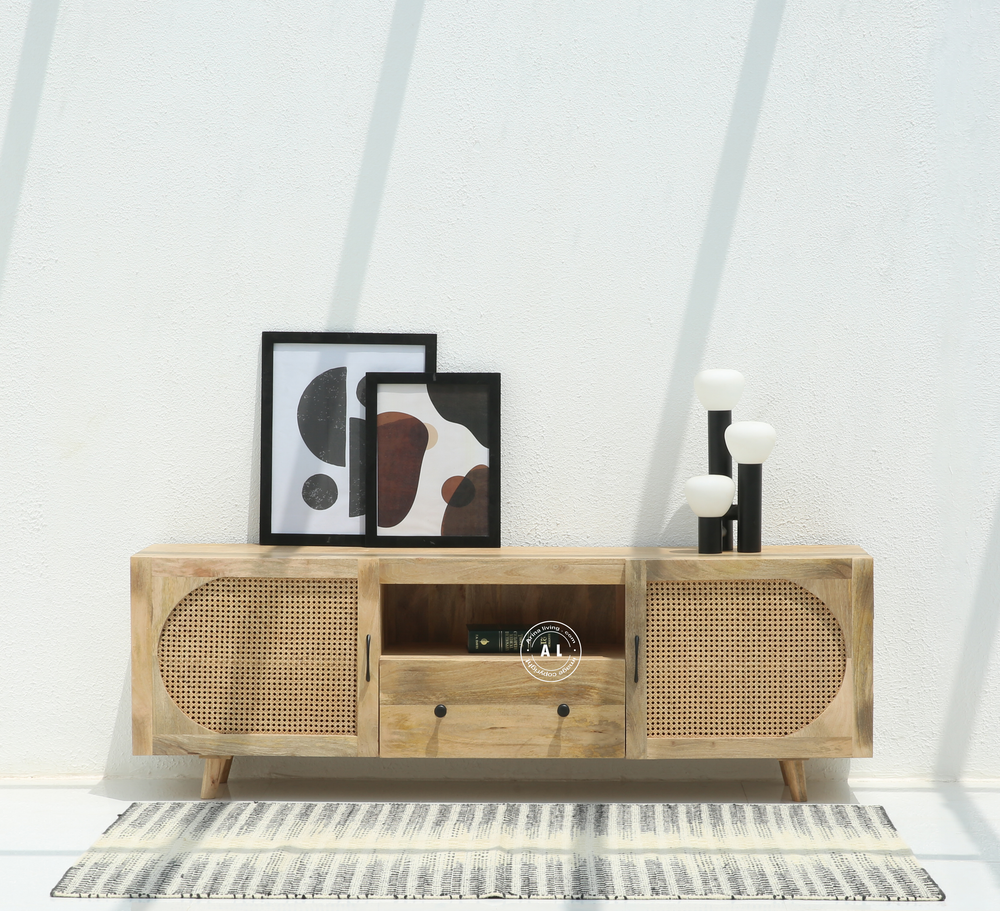 Odom Premium Solid Wood TV Unit with Cane Door Cabinets & Open Shelves Arina Living
