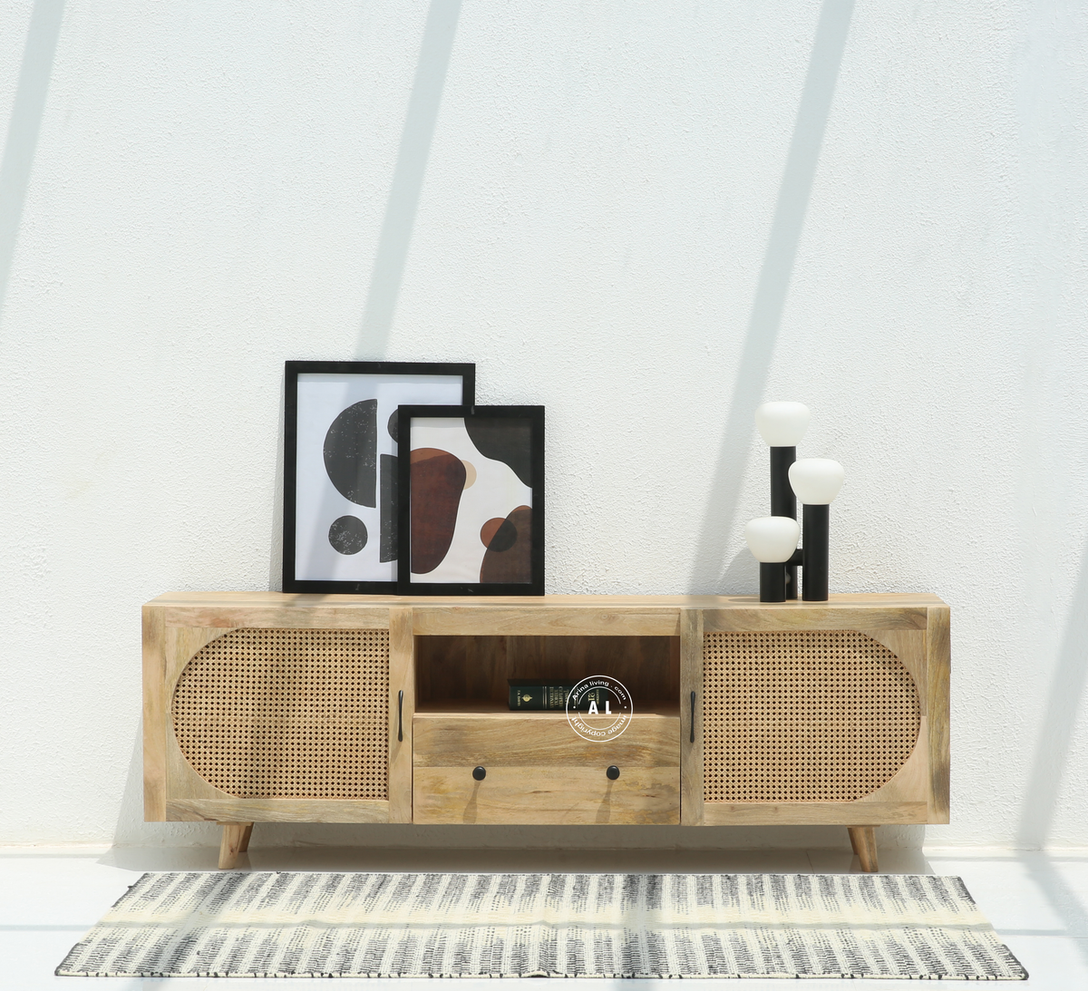 Odom Premium Solid Wood TV Unit with Cane Door Cabinets & Open Shelves Arina Living