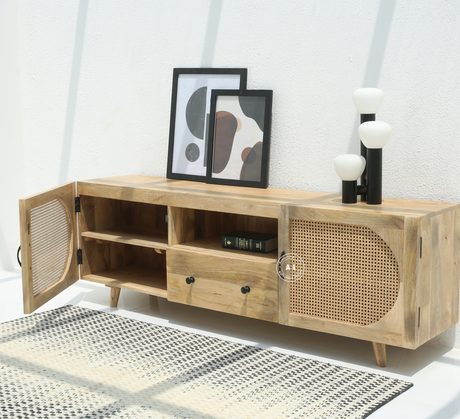 Odom Premium Solid Wood TV Unit with Cane Door Cabinets & Open Shelves Arina Living
