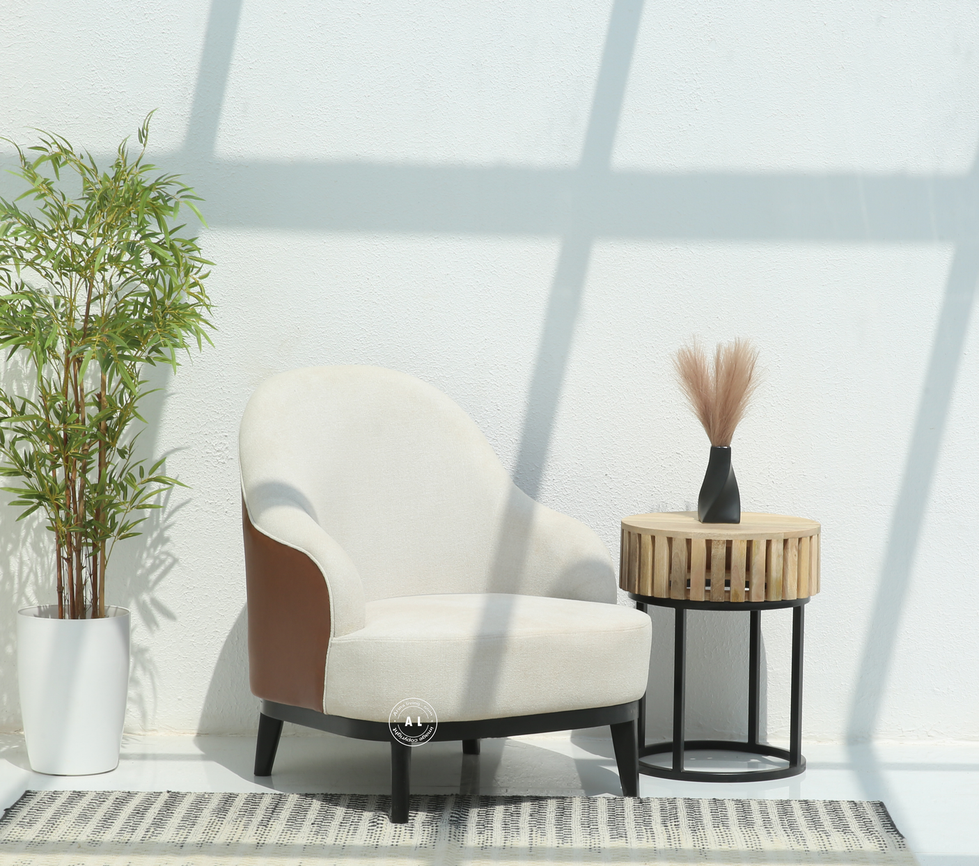 Nexium Wooden Arm Chair in Cotton & Leather Upholstery – Black Finish