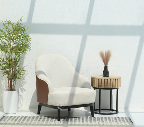 Nexium Wooden Arm Chair in Cotton & Leather Upholstery – Black Finish Arinaliving