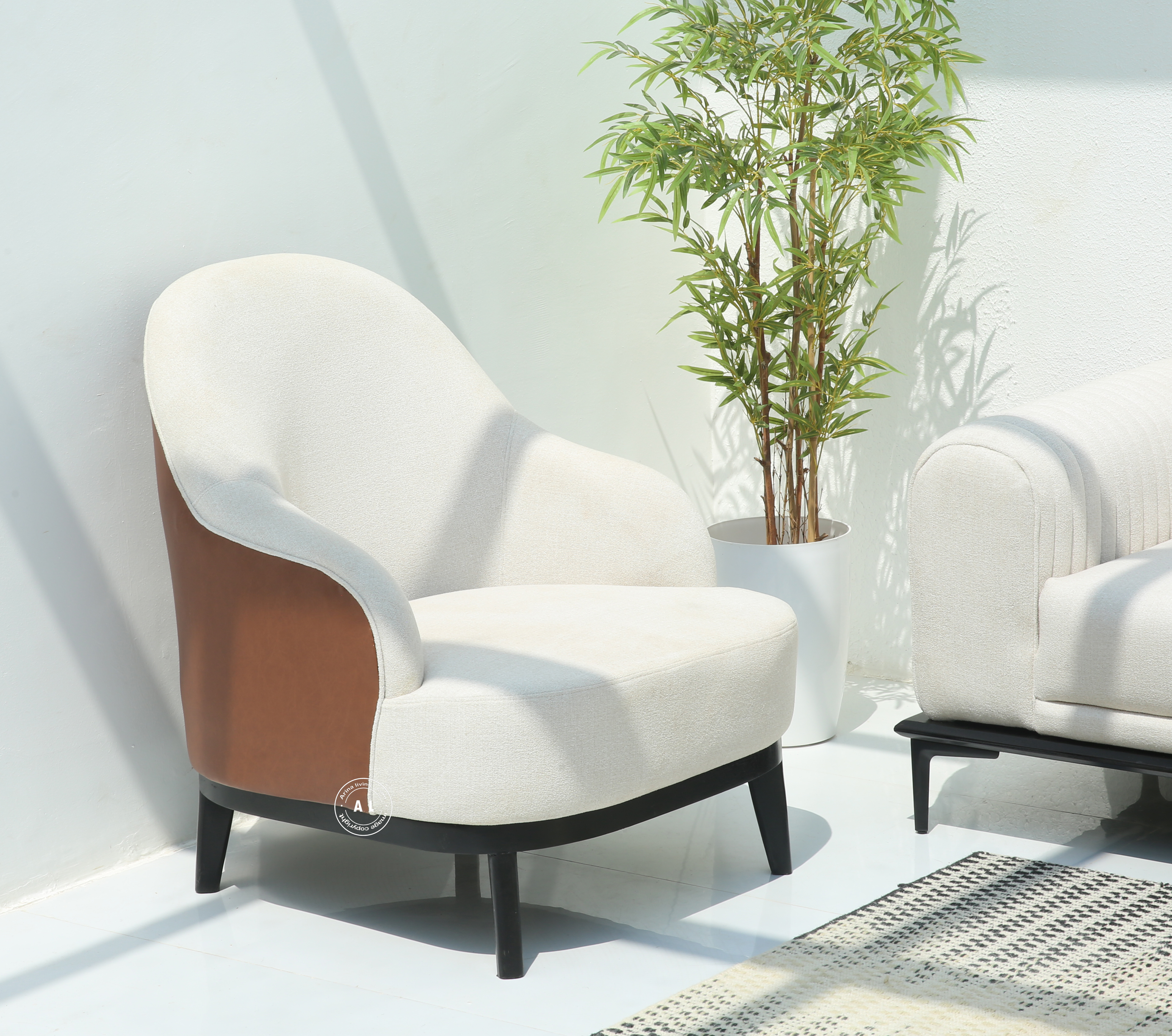 Nexium Wooden Arm Chair in Cotton & Leather Upholstery – Black Finish Arinaliving