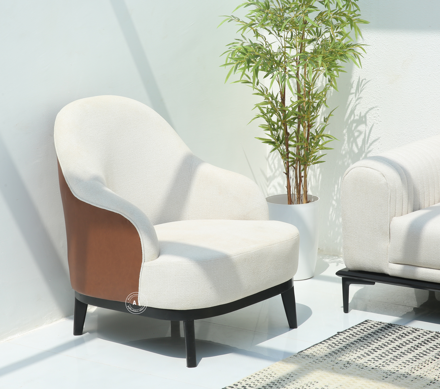 Nexium Wooden Arm Chair in Cotton & Leather Upholstery – Black Finish