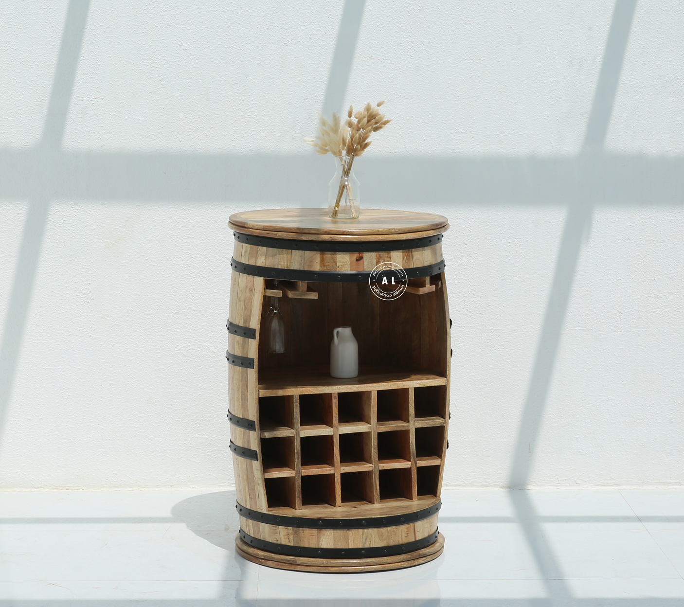 Mallus Mango Wood Barrel Cocktail Cabinet in Natural Finish – Rustic Bar Cabinet