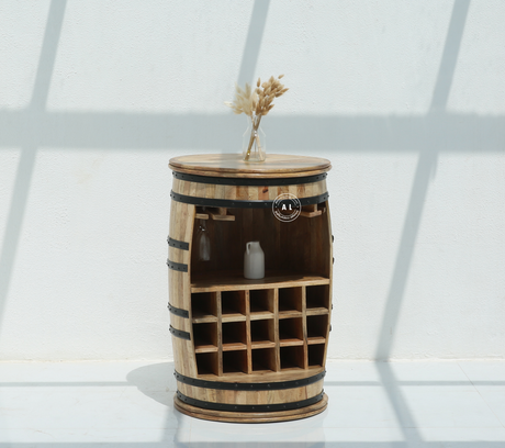 Mallus Mango Wood Barrel Cocktail Cabinet in Natural Finish – Rustic Bar Cabinet Arina Living
