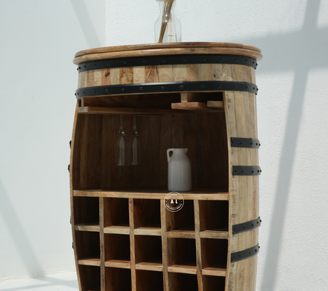 Mallus Mango Wood Barrel Cocktail Cabinet in Natural Finish – Rustic Bar Cabinet Arina Living