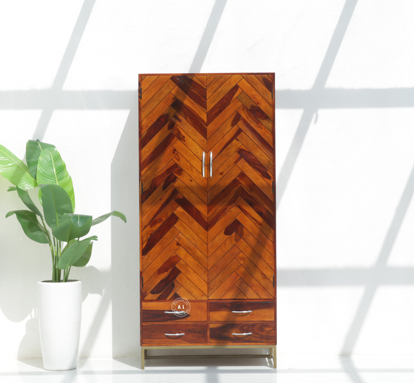 Aspire Sheesham Wood Wardrobe with 2 Doors & 4 Drawers  - Honey Finish
