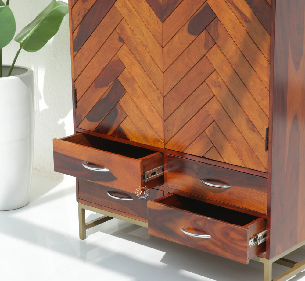 Aspire Sheesham Wood Wardrobe with 2 Doors & 4 Drawers  - Honey Finish Arina Living