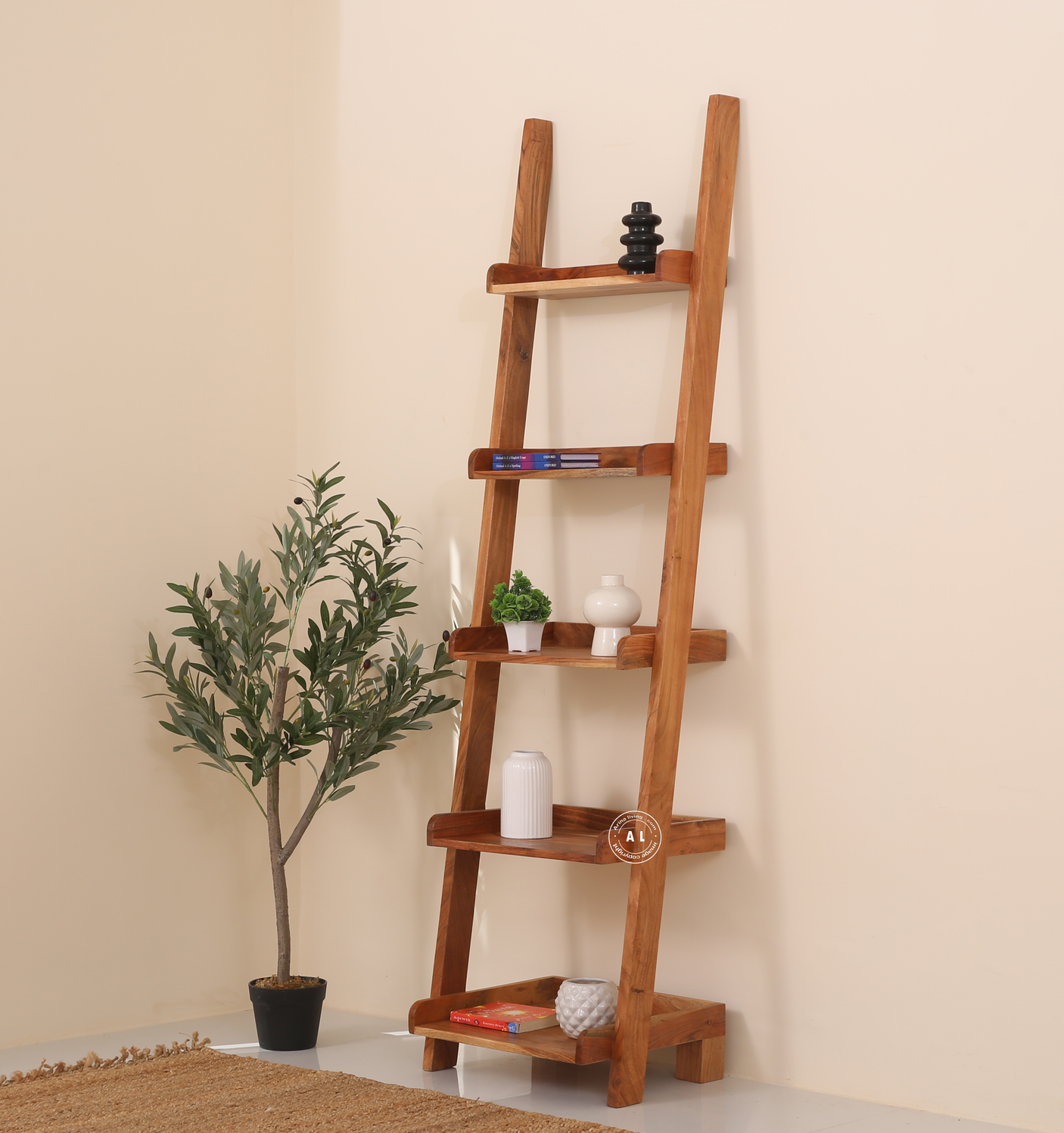 Chison Acacia Wood Ladder Bookshelf – Solid Wood Display Shelf