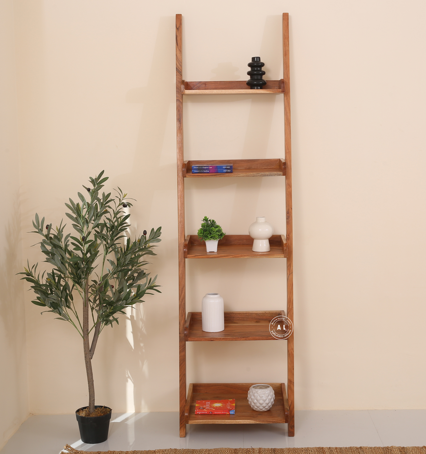 Chison Acacia Wood Ladder Bookshelf – Solid Wood Display Shelf