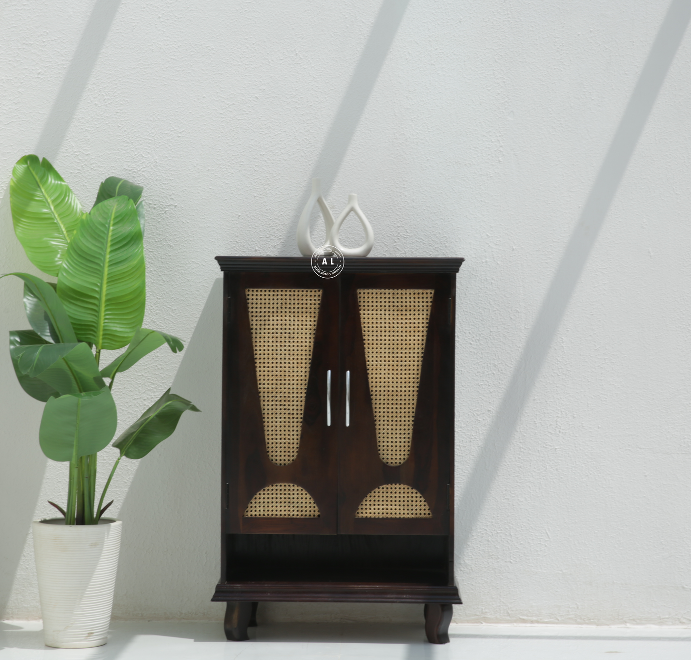 Pixel Sheesham Wood Shoe Rack with Cane Detailing  – Walnut Finish