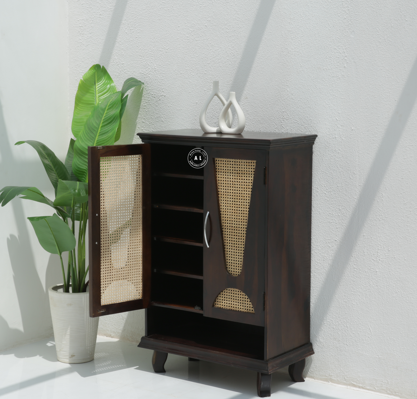 Pixel Sheesham Wood Shoe Rack with Cane Detailing  – Walnut Finish