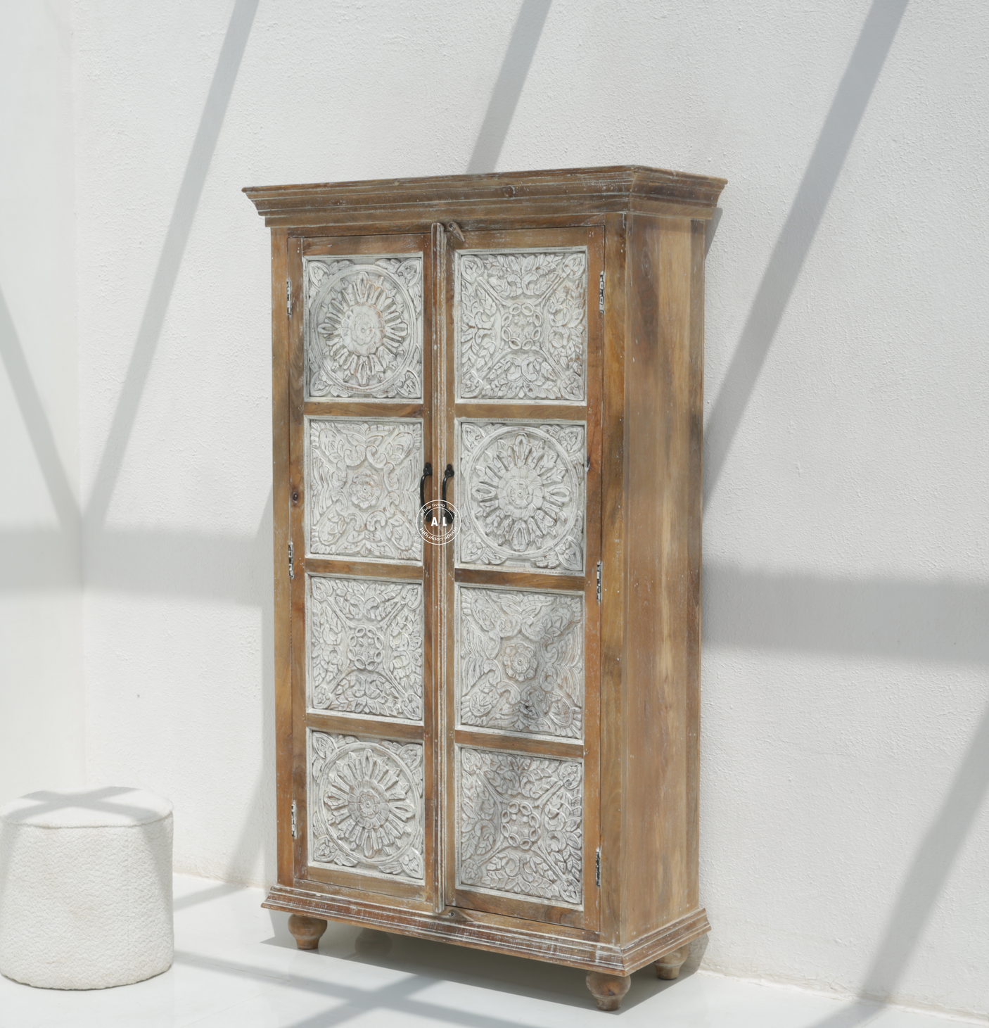 Casio Carving Wardrobe in White & Natural Finish – Solid Mango Wood