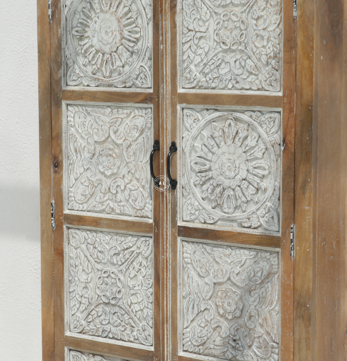 Casio Carving Wardrobe in White & Natural Finish – Solid Mango Wood