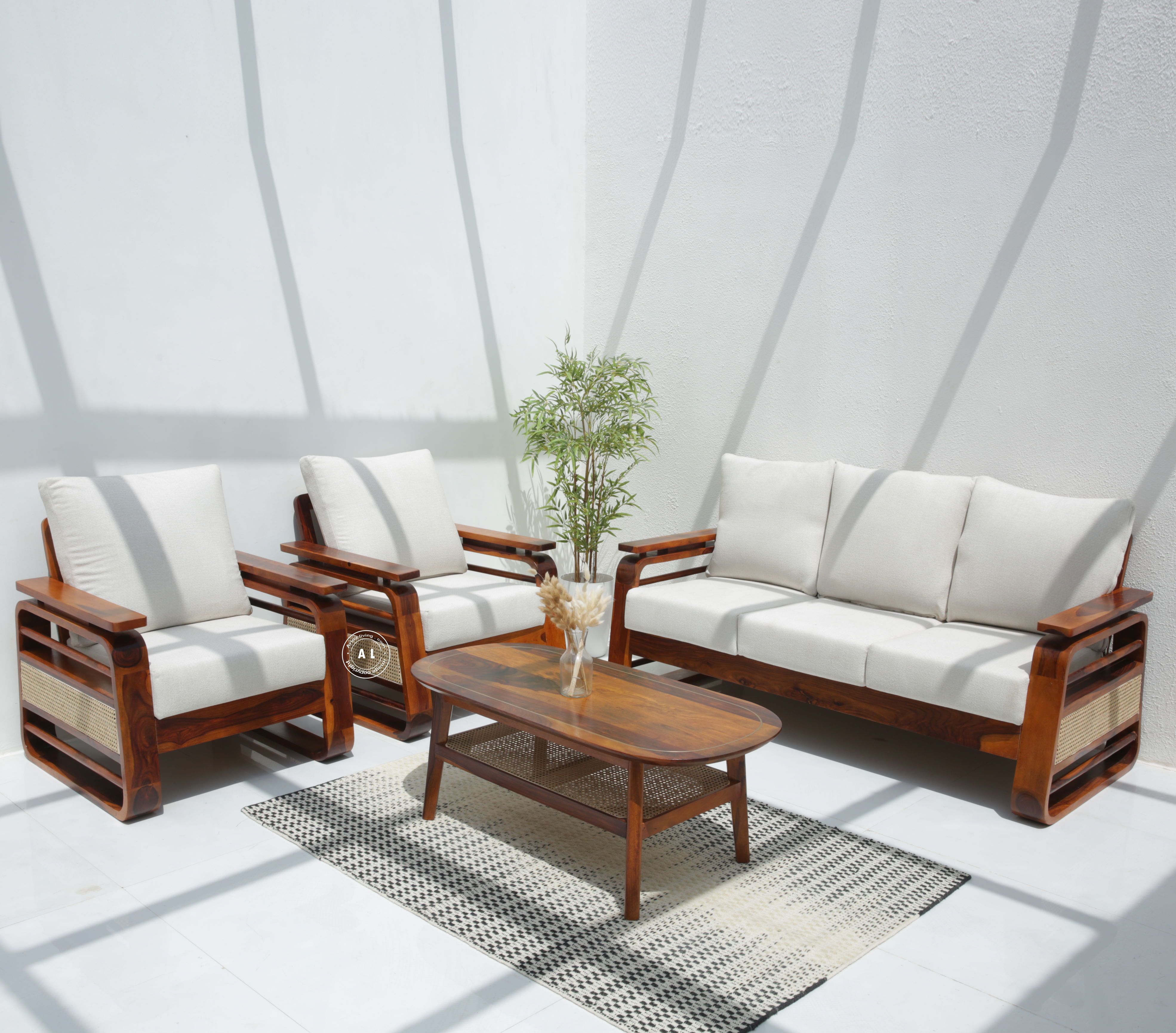 Vortex 3+1+1 Sheesham Wood Sofa Set with Cane & Brass Detailing – Honey Finish Arina Living