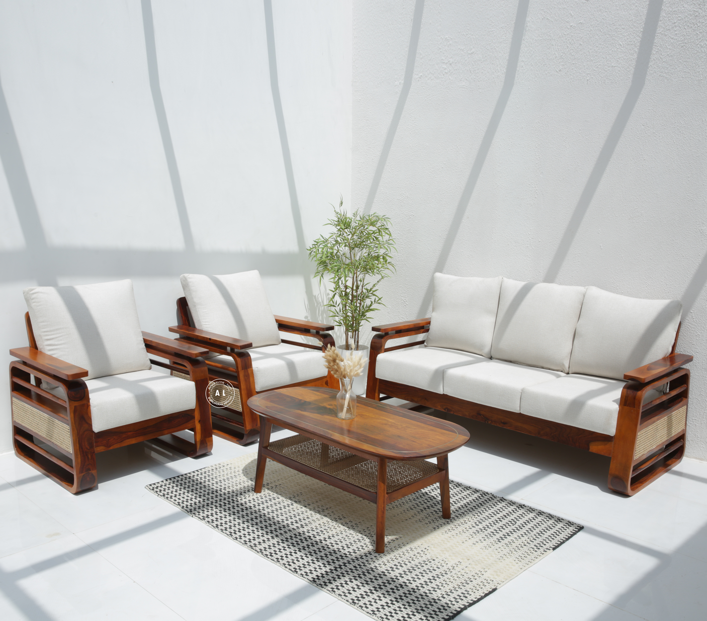 Vortex 3+1+1 Sheesham Wood Sofa Set with Cane & Brass Detailing – Honey Finish