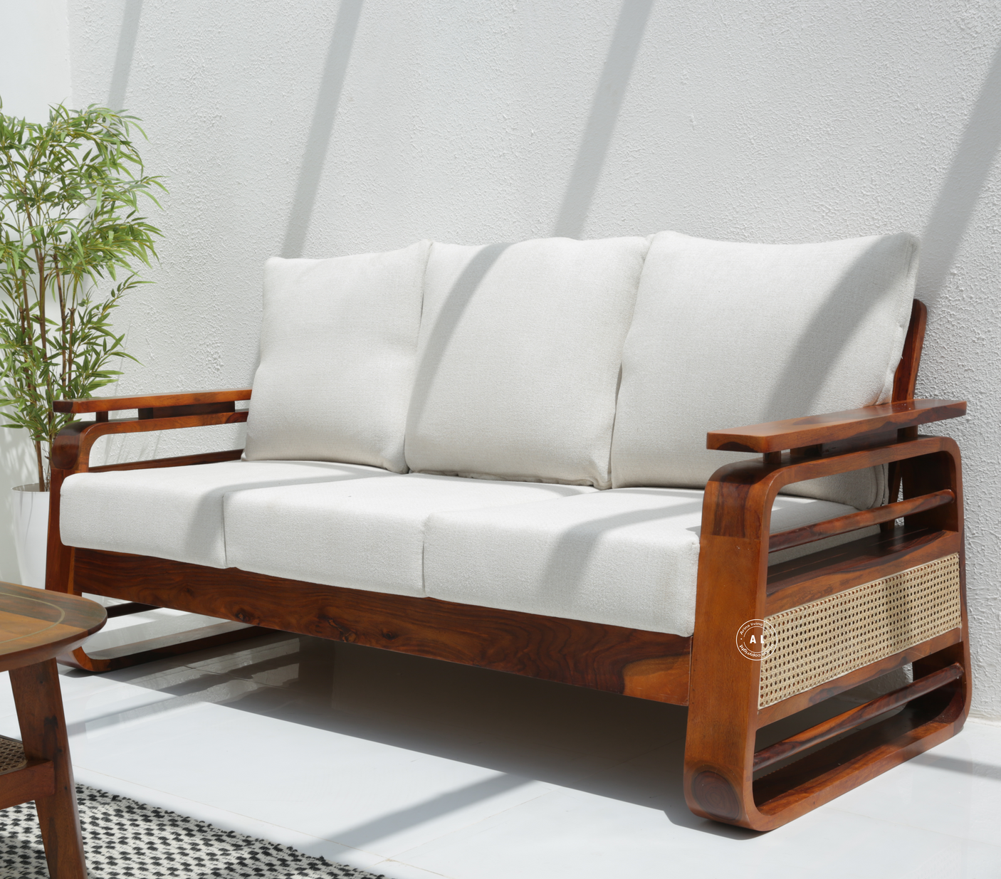 Vortex 3+1+1 Sheesham Wood Sofa Set with Cane & Brass Detailing – Honey Finish