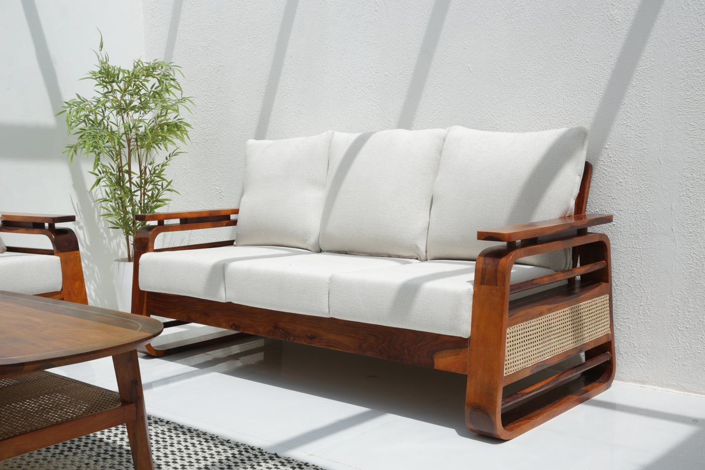 Vortex 3 Seater Sheesham Wood Sofa with Cane Detailing – Honey Finish Arina Living