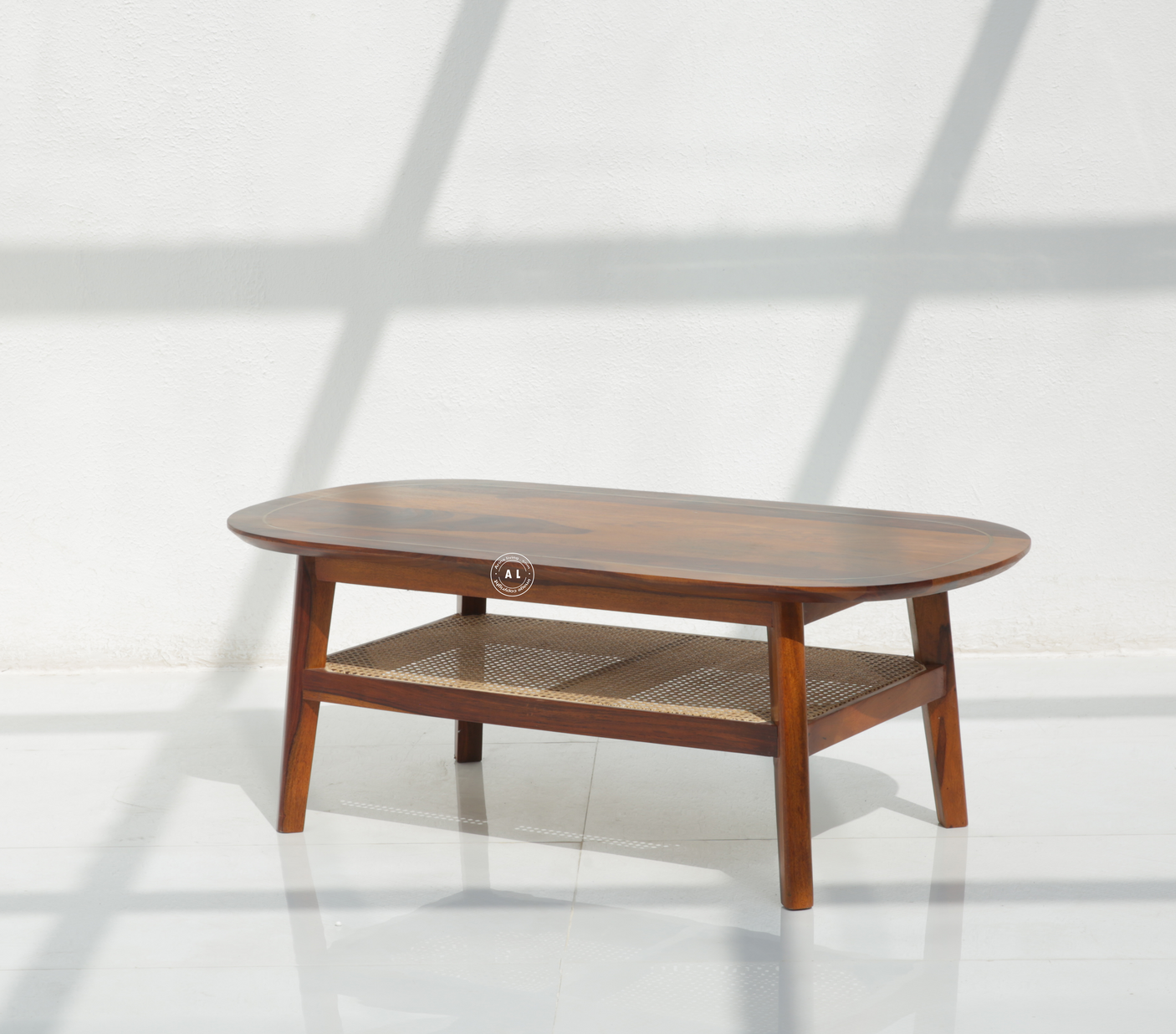 Matrix Sheesham Wood Coffee Table with Brass Inlay & Cane Shelf - Honey Finish