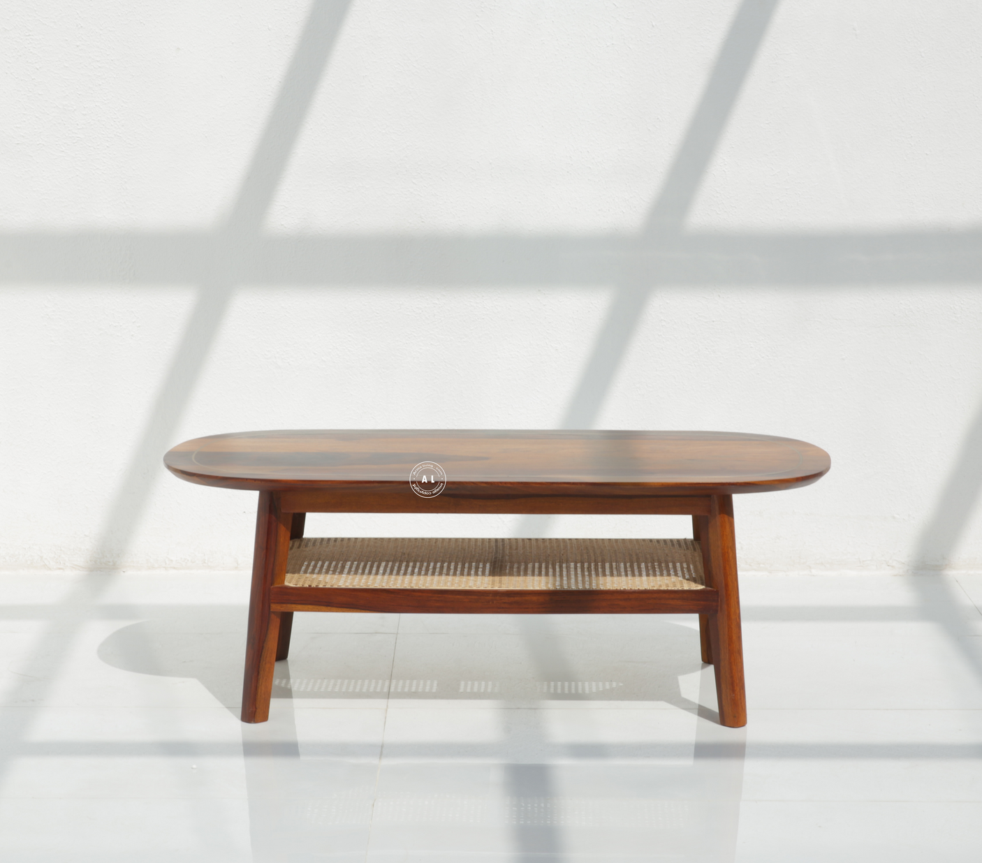 Matrix Sheesham Wood Coffee Table with Brass Inlay & Cane Shelf - Honey Finish