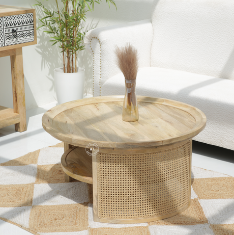 Allington Mango Wood Round Coffee Table with Cane Detailing – Natural Finish Arina Living