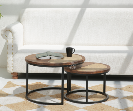 Norge Nesting Coffee Table Set of 2 with Cane Top & Metal Base – Honey Finish Arina Living