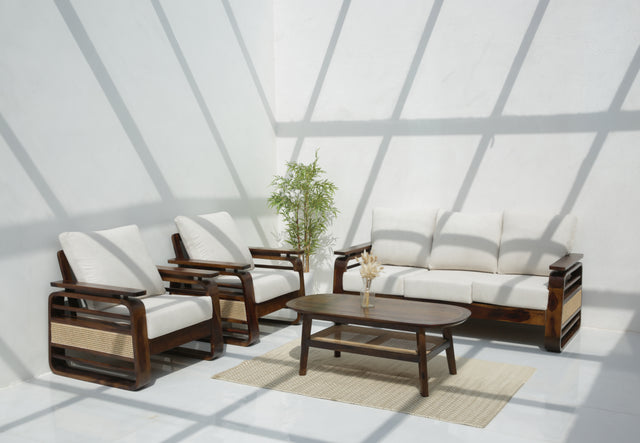 Vortex 3+1+1 Sheesham Wood Sofa Set with Cane Detailing – Walnut Finish Arina Living
