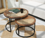 Norge Nesting Coffee Table Set of 2 with Cane Top & Metal Base – Honey Finish